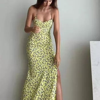 Dulzura, длинное платье с бретелькой на шее и цветочным принтом для женщин, облегающее платье миди с открытой спиной, сексуальный вечерние клубный наряд, уличная одежда, сарафан, лето S жёлтый