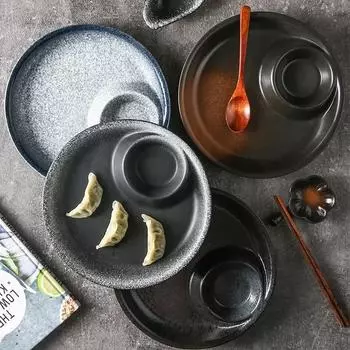 Dumpling plate with vinegar ceramic tableware round grid household cold dish dumpling