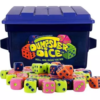 Dumpster Dice — динамичная семейная игра в кости. Веселая настольная игра для 4 игроков с мусорным контейнером, 80 кубиками и наклейками. Идеально подходит для путешествий. One Size