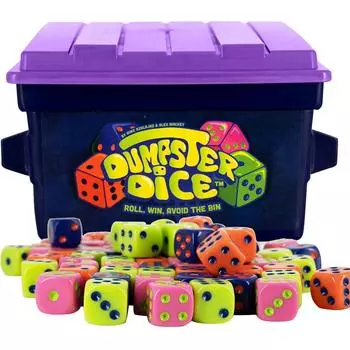 Dumpster Dice — динамичная семейная игра в кости. Веселая настольная игра для 4 игроков с мусорным контейнером, 80 кубиками и наклейками. Идеально подходит для путешествий. One Size
