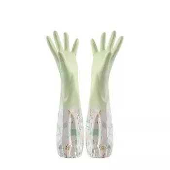 Durable Single Layer Plush Cleaning Household Gloves Kitchen Accessories Sleeve Dishwashing Tools S-green single layer