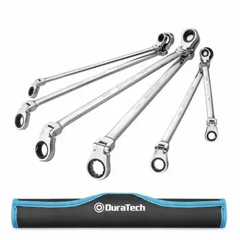 DURATECH Ratchet Box Wrench Flex Ratchet Wrench Длинный тип 72 передачи Двойная головка поворотного типа Изготовлен из стали Зеркальная полировка Сумка для хранения в комплекте Набор из 6 штук серый