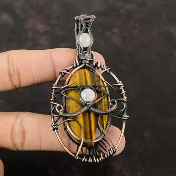 Дурной глаз Тигровый глаз Подвеска с драгоценным камнем Медная проволока Подвеска Кулон ручной работы Дизайнерский ювелирный подарок для мамы Ювелирные изделия из радужного лунного камня