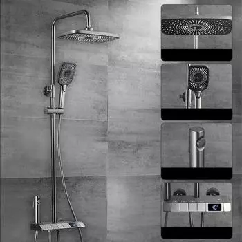 Душ Душевой костюм Термостатический бытовой серебристый, полностью медный, кнопка из нержавеющей стали, цифровой дисплей, насадка-форсунка белый