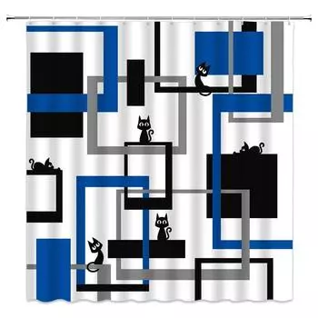 Душевая занавеска в синих тонах, современные линии середины века, круглые ребристые животные, кошки, ветки деревьев, декоративные душевые занавески для ванной комнаты 90x180cm-35x70in