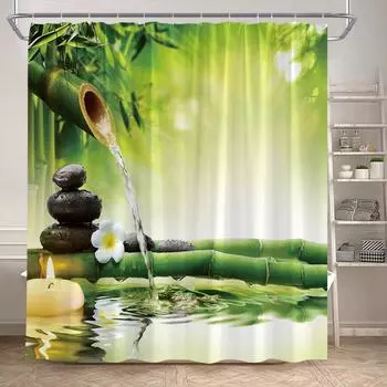 Душевая занавеска Zen Green Bamboo Massage Stone Natural Landscape Bath curtains Modern Fabric Home Bathroom Decor with Hooks 180x180cm-70x70in