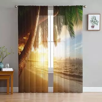 Dusk Beach Coconut Trees Chiffon Sheer Curtains for Living Room Bedroom Home Decoration Window Voile Tulle Curtain Drapes W135 x H114cm