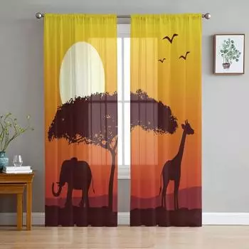 Dusk Elephant Giraffe Sun Tree Tulle Sheer Curtains for Living Room Decoration Window Curtain for Bedroom Voile Organza Drapes W135 x H115cm x1&Rod Pocket