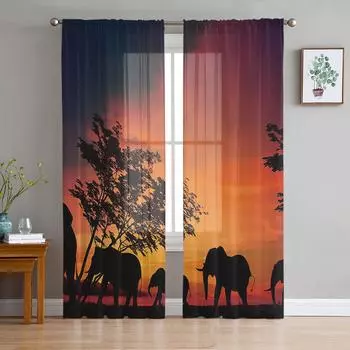 Dusk Trees Elephants Modern Curtains For Living Room Transparent Tulle Curtains Window Sheer For The Bedroom Accessories Decor W135 x H114cm