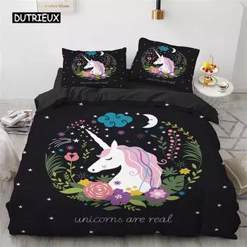 Duvet Cover Cartoon Unicorn Floral Bedding Set Microfiber Flying Horse Comforter Cover Full Queen Children Girls Bedroom Decor EU single(135x200cm)