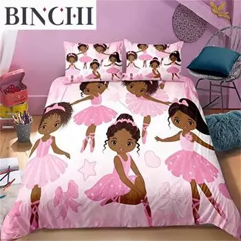 Duvet Cover Girls Pink Princess Ballerina Duvet Cover African American Black Girl Comforter Cover Cute Little Ballet For Decor EU single(135x200cm)