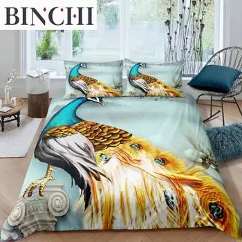 Пододеяльник Павлин Экзотические птицы Животные Пододеяльник Полиэстер Перо Бабочка Цветы Постельное белье King Для Девочек Подростковая Комната EU single(135x200cm)