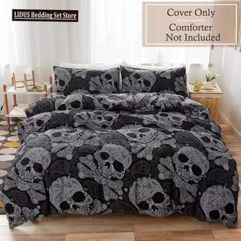 Duvet Cover Set Black Skull SkeletonPaisley Floral Gothic Luxury Soft Bedding Set Comforter Cover Halloween Decor,Queen Size EU Single 135x200cm