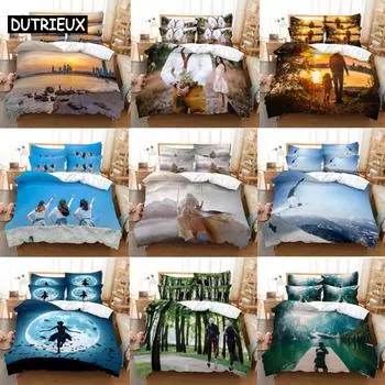 Комплект пододеяльника размера кинг для двуспальной кровати, одеяло, наволочки, постельное белье, лен, 3D-сценический, квин, твин, одинарный, полный, для детей и взрослых, 3 предмета, 2 предмета US Queen(228x228cm)