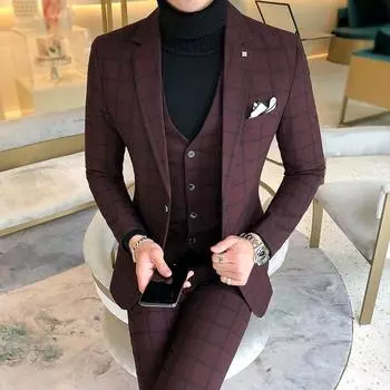 ДВА костюма, мужской модный осенний костюм из 3 предметов: пиджак + жилет + брюки, деловой костюм для свадьбы XXL синий