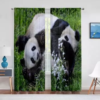 Два детеныша панды играют на траве Тюль Вуаль Шторы Декор для дома в отеле Прозрачные шторы для гостиной и спальни Шифоновые шторы 1 PCS W100XH250cm&Rod Pocket