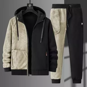 Два комплекта большого размера: зимний утепленный и утолщенный кардиган из овечьей шерсти, толстовка с капюшоном, спортивный костюм, мужские утепленные брюки, мужские брюки с длинными рукавами L серый