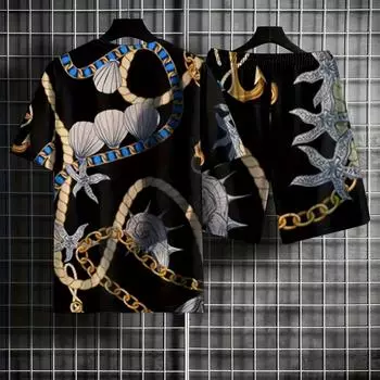 Два комплекта мужских европейских и американских костюмов с принтом, шорты с короткими рукавами и узором в виде цепочки S