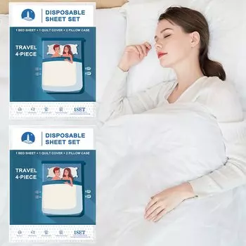 Два комплекта одноразовых простыней, пододеяльник и наволочка. Портативный готовый к использованию комплект постельного белья. (Travel 4-х местный двухместный) 2 набора (Travel 4-Piece Double)