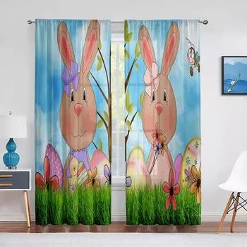 Два мультяшных кролика на траве, тюль, вуаль, занавески для детской спальни, милые шторы для гостиной, прозрачные шторы 1 PCS W100XH250cm&Rod Pocket