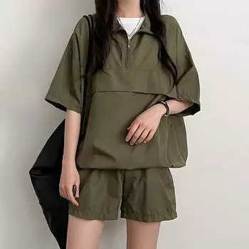 Два предмета свободный женский комплект женский летний спортивный костюм комплект с застежкой-молнией отложной воротник высокая талия шорты одежда XXXL чёрный