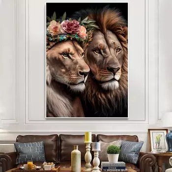 Два Симпатичных Льва, Луговые Животные, Настенные Плакаты на Холсте, Эстамп, Гостиная, Поп-Арт, Украшения Дома 21cm30cm NoFrame