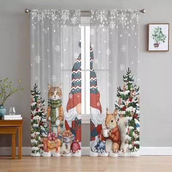 Dwarf Snowflake Christmas Tree Gift Cat Squirrel Gray Sheer Curtains Room Decoration Window Curtain Kitchen Tulle Voile Curtains W135 x H115cm x1