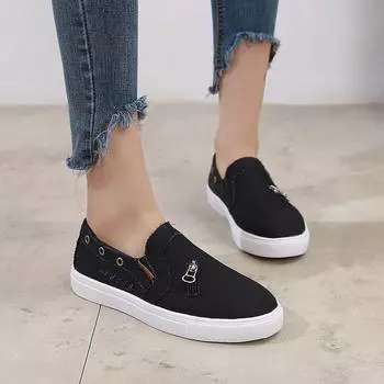 Dwayne Large Size 35-43 Female Single Shoes Canvas Denim Zipper Flats Women Lazy Casual Shoes Loafers Womens Vulcanized 2024 4 бежевый