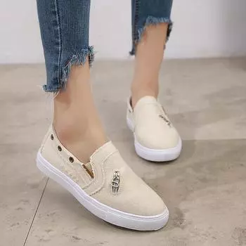 Dwayne Large Size 35-43 Female Single Shoes Canvas Denim Zipper Flats Women Lazy Casual Shoes Loafers Womens Vulcanized 2020 4 бежевый