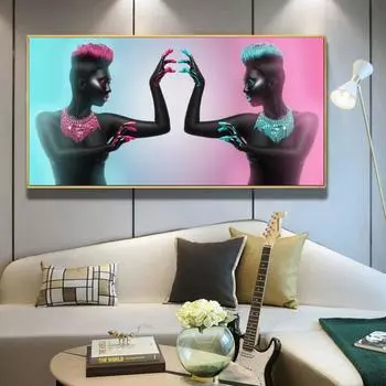 Две черные африканские обнаженные женщины, картина маслом на холсте, постеры и принты, скандинавская настенная картина для гостиной, домашний декор 20x40cm