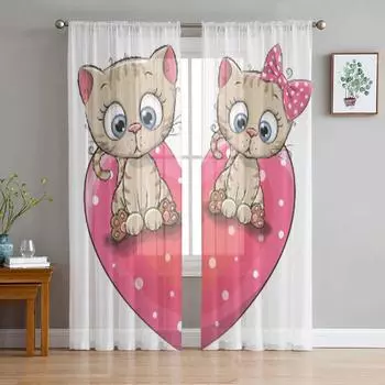 Две милые мультяшные котята, прозрачные шторы для спальни, гостиной, тюлевые шторы для кухни, оконные вуали, шторы 135W x 114H(cm)