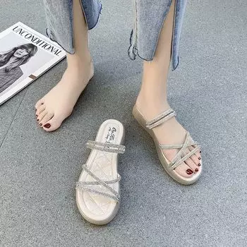 Две модели босоножек со стразами на мягкой подошве 2025 года, новая весенне-летняя универсальная обувь знаменитостей из Интернета, римские туфли на плоской резинке 35