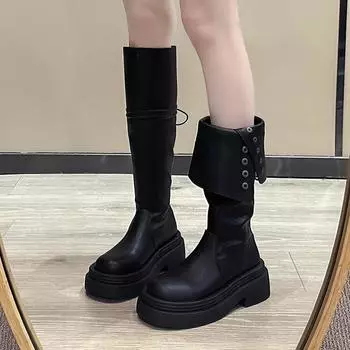 Две модели носят ретро-ботфорты, но сапоги до колена 2024 года, осенние женские сапоги на толстой подошве с круглым носком и толстым каблуком, с отворотом, рыцарские сапоги 35 коричневый