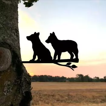 Две собаки на ветке, металлический силуэт, настенный декор для дома, сада, двора и патио, идеальная наружная статуя, украшение для колышка светло-серый