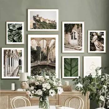 Дверь, римская колонна, статуя, монстера, листья, настенная живопись на холсте, плакаты на скандинавскую тему и принты, настенные панно для декора гостиной 21cm30cm NoFrame