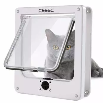 Дверца для кошек CEESC Medium с замком для кошек, для использования в помещении и на улице, устойчивая к погодным условиям, для кошек и собак [модернизированная версия], дверь, 4-сторонние двери и (белый, белый