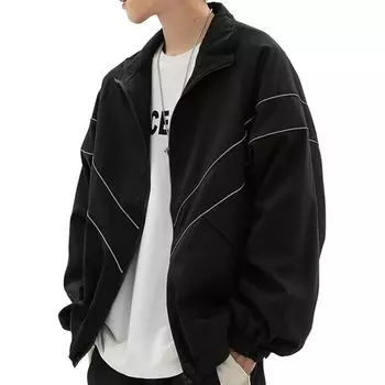 [Двери] блузон внешний воротник стойка джемпер линия ветровка простой унисекс пара вид черный 5S-D04-BKM