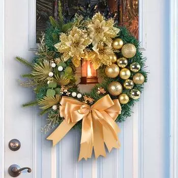Дверная гирлянда со световым шаром и галстуком-бабочкой. Тонкая работа. Создайте атмосферу. Рождественский венок. Украшение гирлянды. золотистый