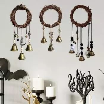 Дверная ручка, ведьмин колокольчик, защита дома, подвесной колокольчик ручной работы, бутылка желаний, венок из ротанга, вешалка для двери, украшение в виде колокольчика ветра в стиле Викка C