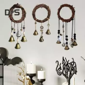 Дверная ручка, ведьмин колокольчик, защита дома, подвесной колокольчик ручной работы, бутылка желаний, венок из ротанга, вешалка для двери, украшение в виде колокольчика ветра в стиле Викка C