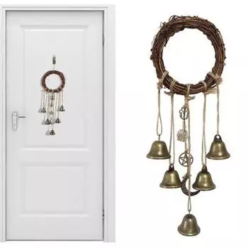 Дверная ручка, ведьмин колокольчик, защита дома, подвесной латунный колокольчик, венок из ротанга, вешалка для колдовства E