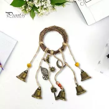 Дверная ручка, ведьмин колокольчик, защита дома, подвесной латунный колокольчик, венок из ротанга, колдовство, дверная вешалка, украшение в виде колокольчика ветра в стиле Викка A