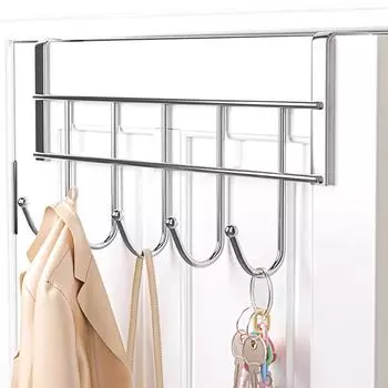 Дверной крючок для вешалки из нержавеющей стали для кухонного шкафа, крючок для двери, вешалка для одежды, спальни, ванной комнаты, сумки, держатель для полотенец, 5 крючков 25x10cm серебряный