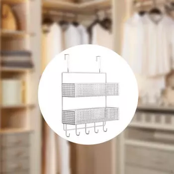Дверной органайзер с крючками для одежды и сетчатой корзиной для кухни S белый