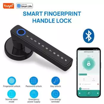 Дверной замок Tuya без ключа, Bluetooth-приложение с ближним радиусом действия, интеллектуальная дверная ручка - однорядный дверной замок со сканером отпечатков пальцев 5-в-1