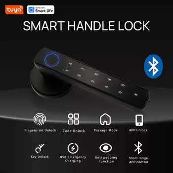 Дверной замок Tuya со сканером отпечатков пальцев, бесключевой дверной замок, интеллектуальная дверная ручка 4 в 1 с паролем/умным приложением/отпечатком пальца/резервными ключами