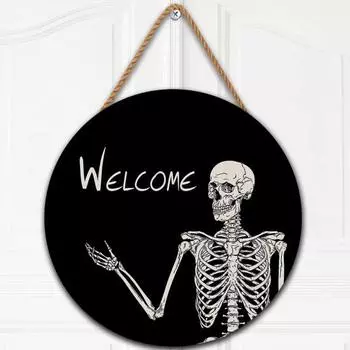 Дверной знак на Хэллоуин, подвеска на дверь из дерева в виде черепа, украшение ручной работы для вечеринки во дворе, жуткая тема скелета, праздничный домашний декор 20cm