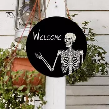 Дверной знак на Хэллоуин, подвеска на дверь из дерева в виде черепа, украшение ручной работы для вечеринки во дворе, жуткая тема скелета, праздничный домашний декор 20cm
