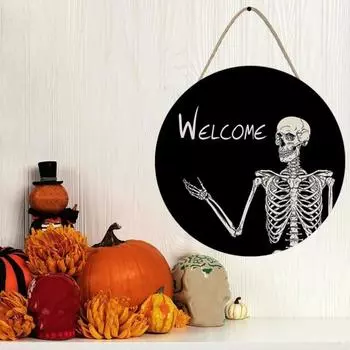Дверной знак на Хэллоуин, подвеска на дверь из дерева в виде черепа, украшение ручной работы для вечеринки во дворе, жуткая тема скелета, праздничный домашний декор 20cm