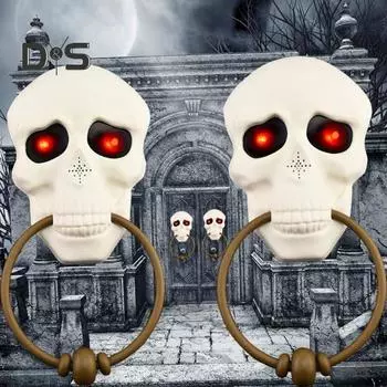 Дверной звонок в виде черепа на Хэллоуин, анимированный дверной звонок в виде головы скелета с подсвечивающимися глазами для реквизита для вечеринки в стиле «дом с привидениями» на Хэллоуин B